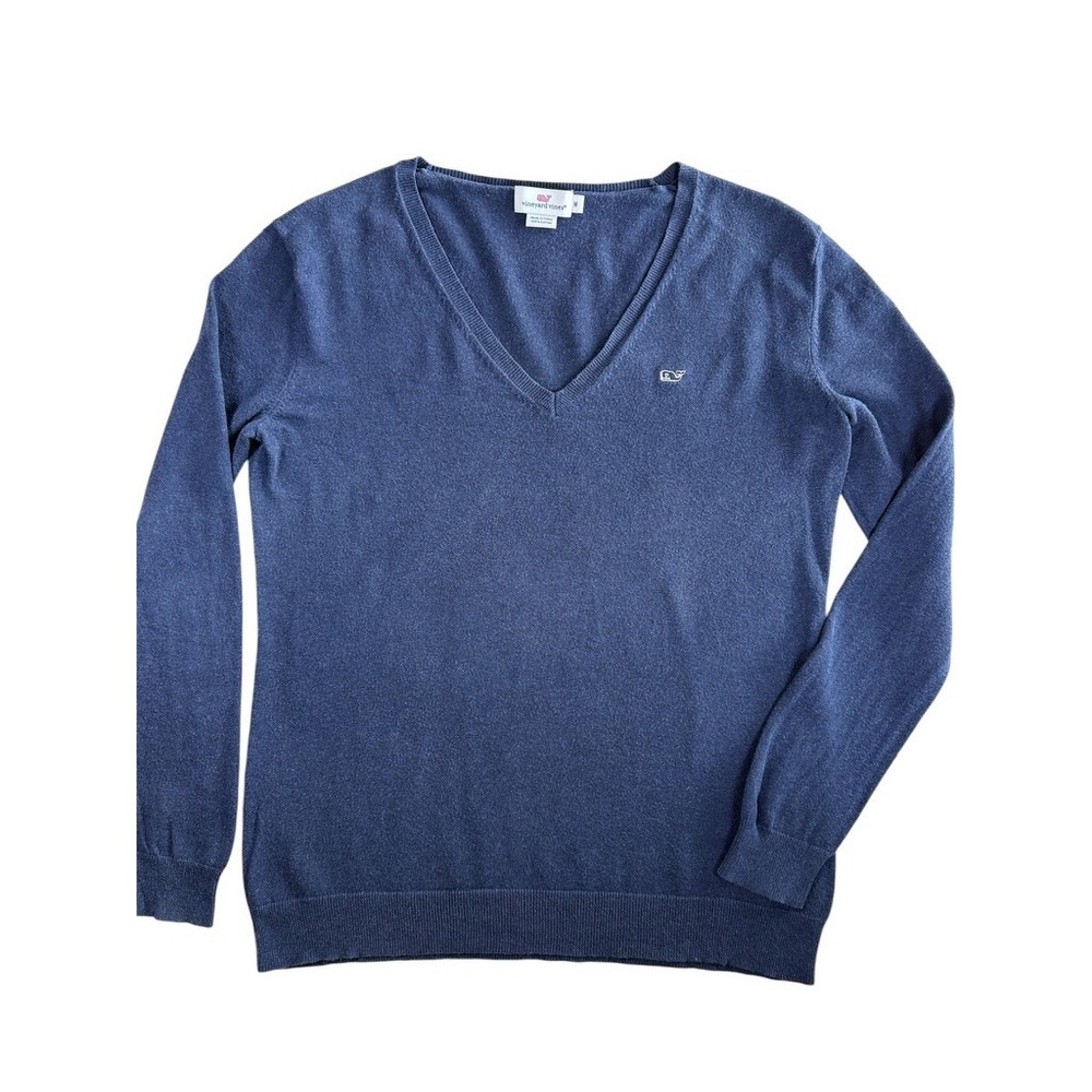 Vineyard Vines V-Neck Sweater Women M‎ Navy Blue Cotton Logo Knit